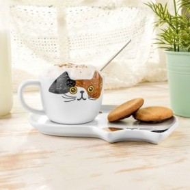 Set tasse et assiette motif chat avec cuillère
