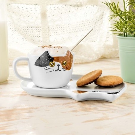 Set tasse et assiette motif chat avec cuillère
