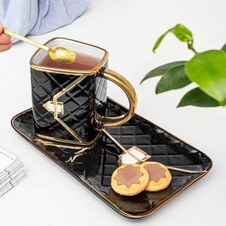 Ensemble mug assiette et cuillère dsign sac à main noir 