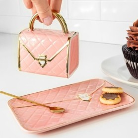 Ensemble mug assiette et cuillère dsign sac à main bleu rose